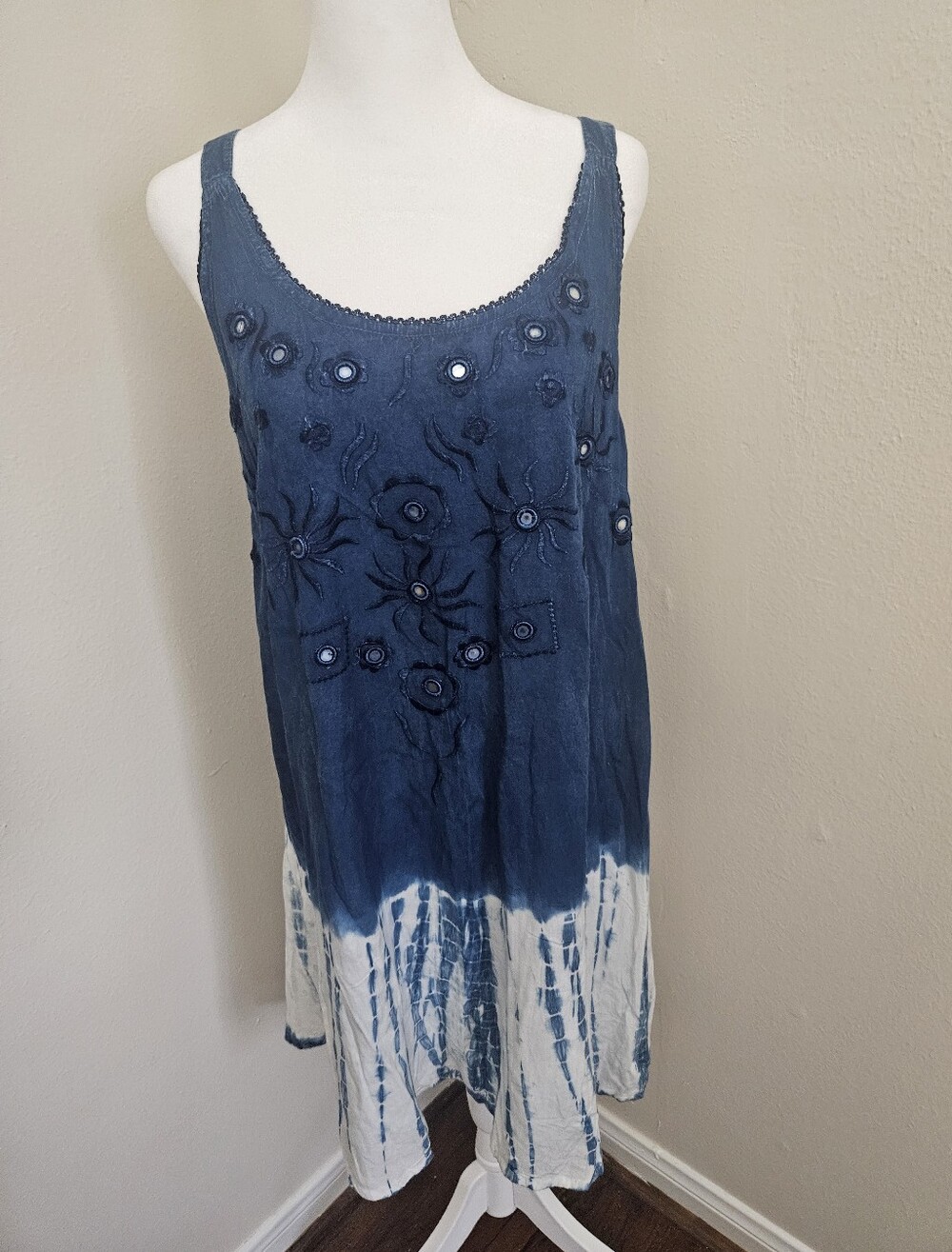 Daisy Blue and White Embroidered Tie-Dye Midi Dress